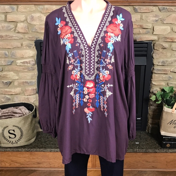 Custom Embroidered Woven Top In Eggplant: 1XL-3XL - Picture 3 of 7